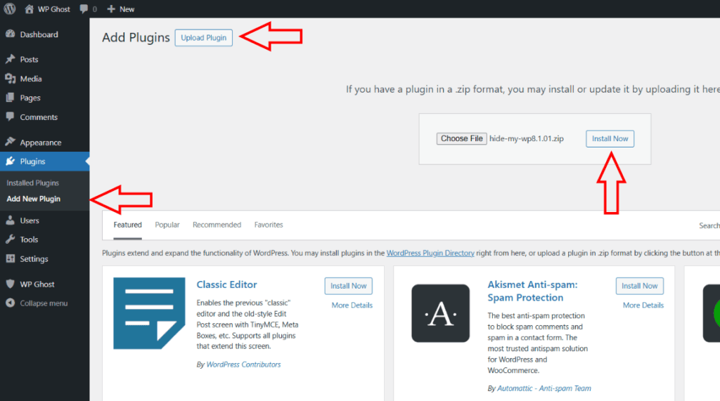 Install Wp Ghost Premium plugin