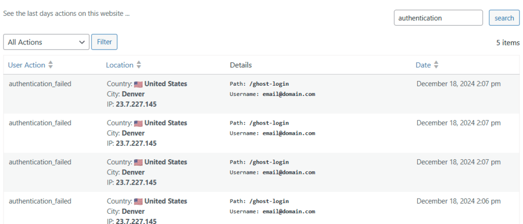 Events Log Search entries