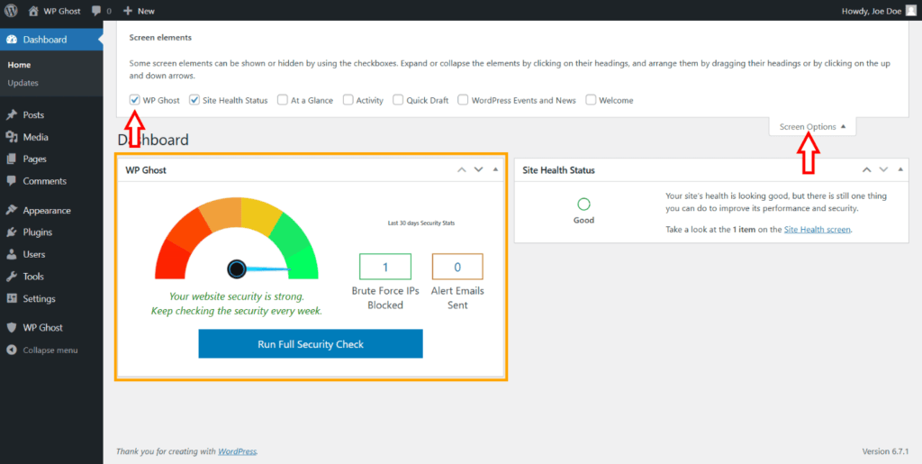 Activate/Deactivate WP Ghost Widget
