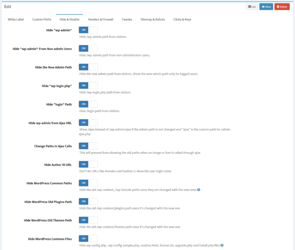 Whitelabel hide options