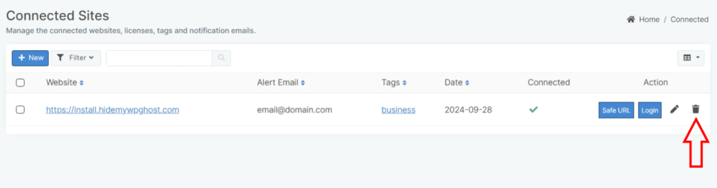 WP Ghost Dashboard delete website