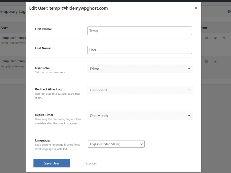 Edit Temporary Account Popup