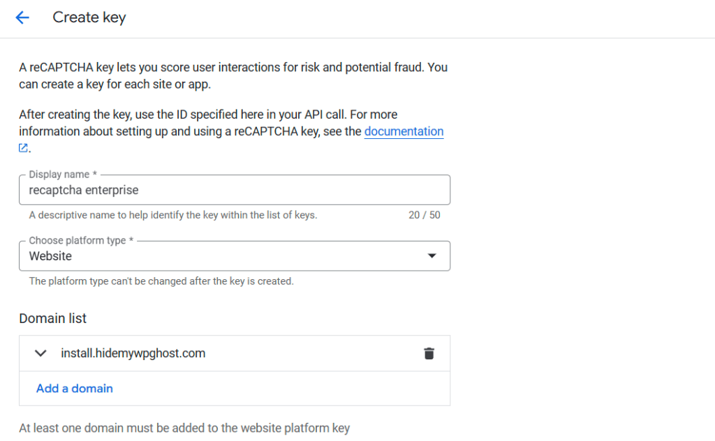 Create a Google reCaptcha Enterprise Key