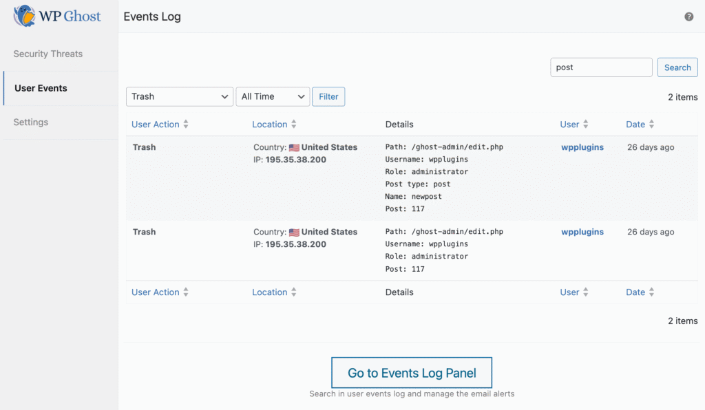 Search User Events