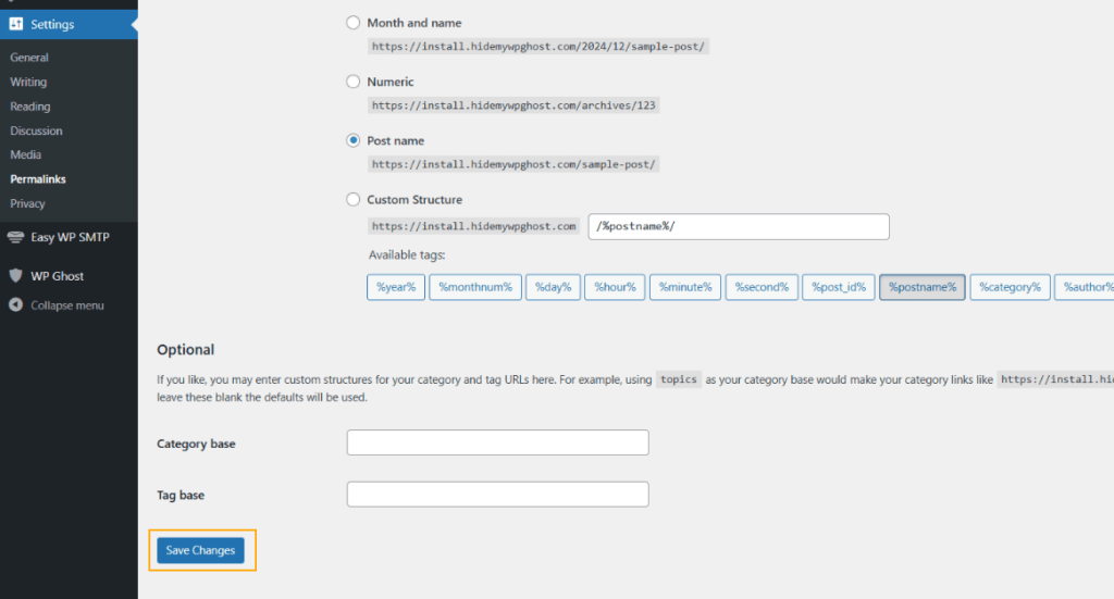 Save settings permalink
