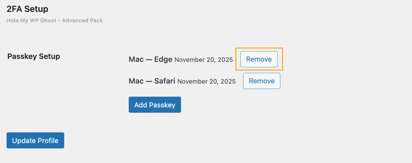 2FA Passkey - Remove Passkey