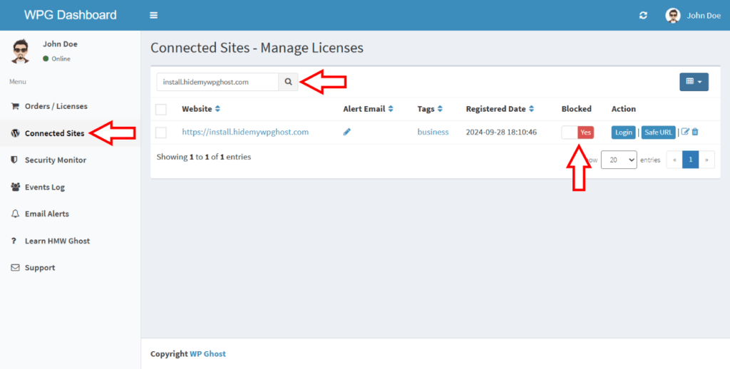 Block user website from WP Ghost Dashboard